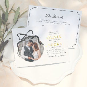 Elegante Bow All-in-One Zwart & Wit Fotobruiloft Folie Uitnodiging
