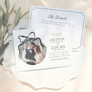 Elegante Bow All-in-One Zwart & Wit Fotobruiloft Kaart