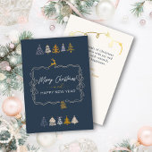 Elegante Bow & Chic Trees Doodle Blue Holiday Kaar Feestdagenkaart