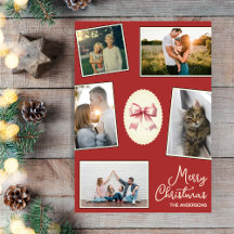 Elegante Bow Red Christmas Photo Collage Kaart