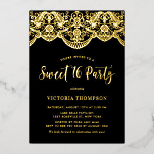 Elegante Brocatafslacade Zwart Sweet 16 Feest Folie Uitnodiging