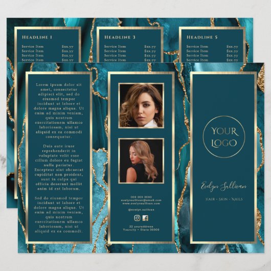 Élégante Brochure Turquoise Or Agate (Devant / Derrière)