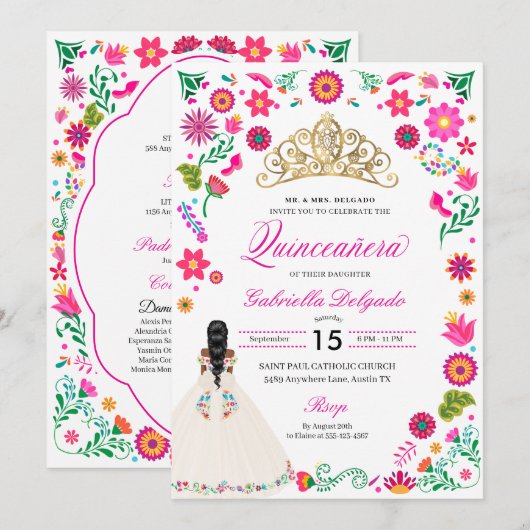 Elégante Broderie Otomi Quinceañera Invitation (Devant / Derrière)
