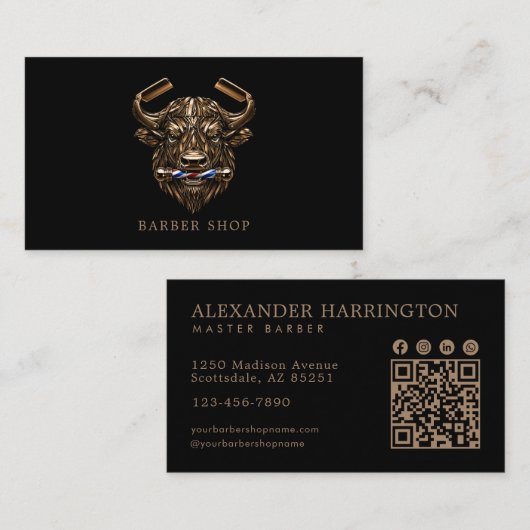 Elegante Bronze Buffalo Kapperszaak Qr Code Visitekaartje (Voorkant / Achterkant)
