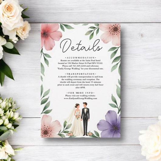 Elegante Bruid & Bruidegom Zomer Bloem Bruiloft in Informatiekaartje