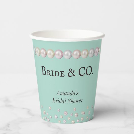 Elegante Bruid & Co Turquoise Blauwe Parel Bruidsf Papieren Bekers (Achterkant)
