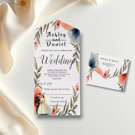 Elegante bruid en bruidegom Waterverf bloemenbruil All In One Uitnodiging