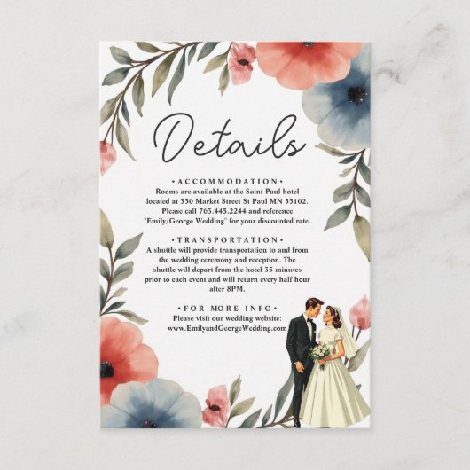 Elegante bruid en bruidegom Waterverf bloemenbruil Informatiekaartje (Voorkant)