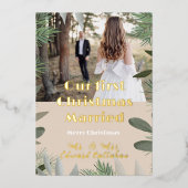 Elegante bruids foto perzik 1e kerst getrouwd folie feestdagenkaart (Voorkant)