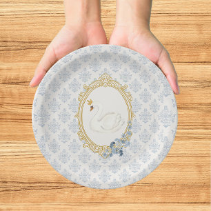 Elegante bruidsdouche in blauwe en gouden tinten u papieren bordje