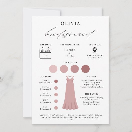Elegante bruidsmeisje bruiloft informatiekaart kaart (Voorkant)
