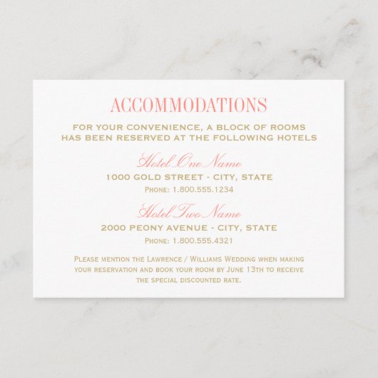 Elegante bruiloft accommodaties Coral en Gold Informatiekaartje (Voorkant)