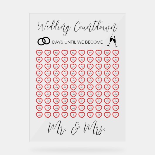 Elegante bruiloft aftellen transparant acryl bord (Voorkant)