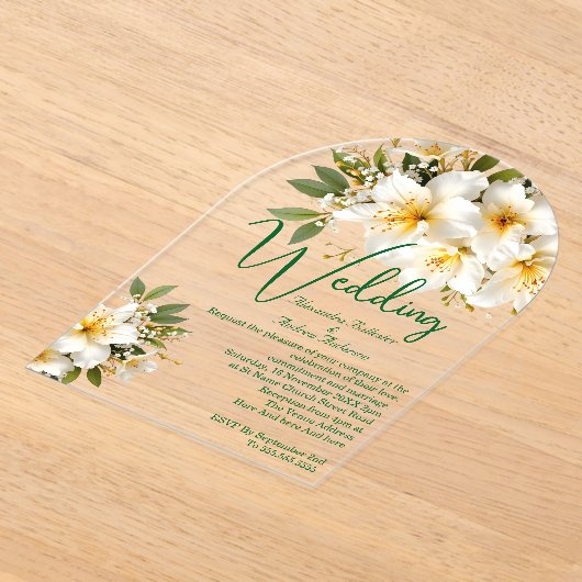 Elegante bruiloft azalea's witte gele bloemen acryl uitnodigingen (Laagn)