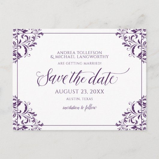 Elegante bruiloft Bewaar de datum pruim Aankondigingskaart (Voorkant)