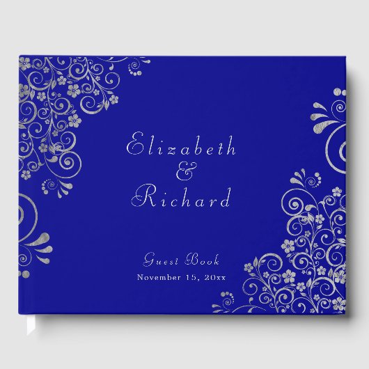 Elegante bruiloft Blauw Zilver Grijs Swirls Script Gastenboek (Voorkant)