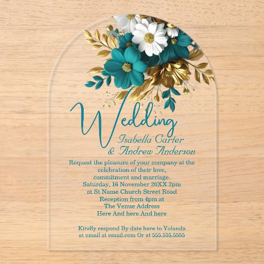 Elegante bruiloft Blauwgroen wit gouden bloemen Acryl Uitnodigingen (Voorkant)