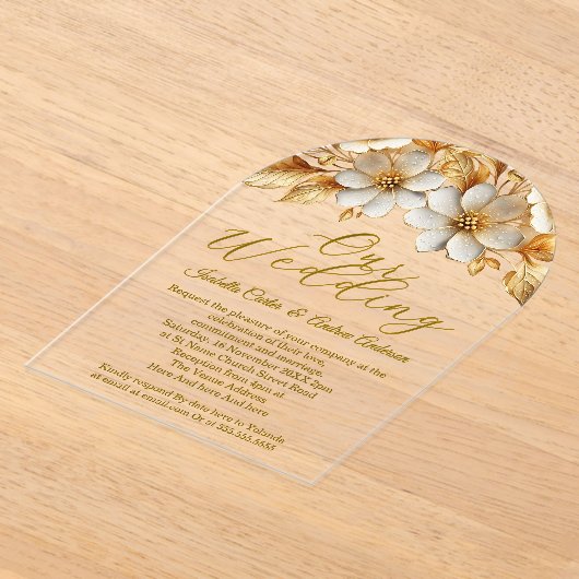Elegante bruiloft Bloemcrème Gouden Bloemen Acryl Uitnodigingen (Laagn)