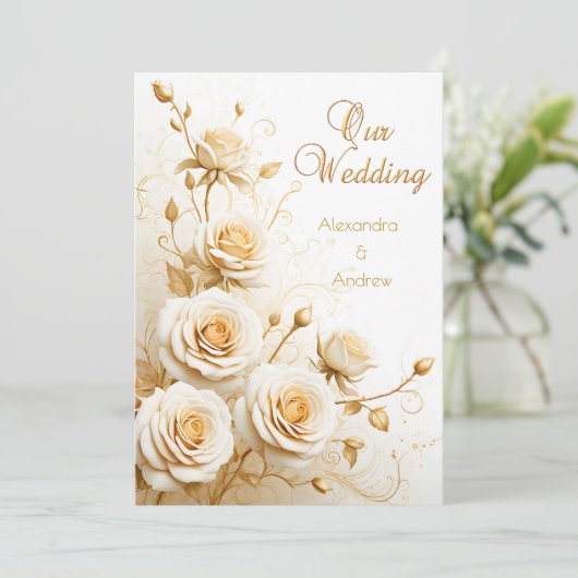 Elegante bruiloft Bloemen Witte Rozen Crème Kaart (Staand voorkant)
