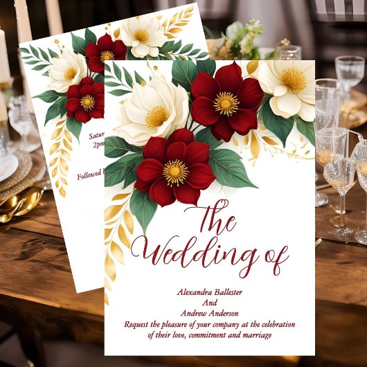 Elegante bruiloft Bourgogne Wit Gouden Bloemen Kaart