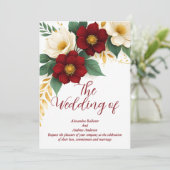 Elegante bruiloft Bourgogne Wit Gouden Bloemen Kaart (Staand voorkant)
