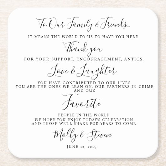 Elegante bruiloft/bruiloft Dank u Vierkante Kartonnen Onderzetter (Voorkant)