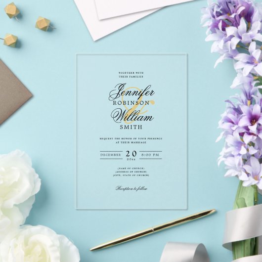 Elegante bruiloft Classy Script Typography Gold Acryl Uitnodigingen (Insitu (Huwelijk))
