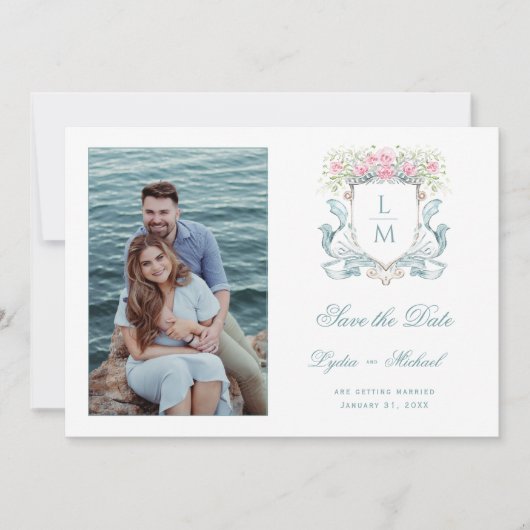 Elegante bruiloft Crest w / Rozen | Monogram Save The Date (Voorkant)