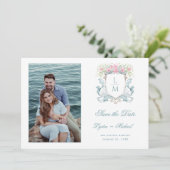 Elegante bruiloft Crest w / Rozen | Monogram Save The Date (Staand voorkant)