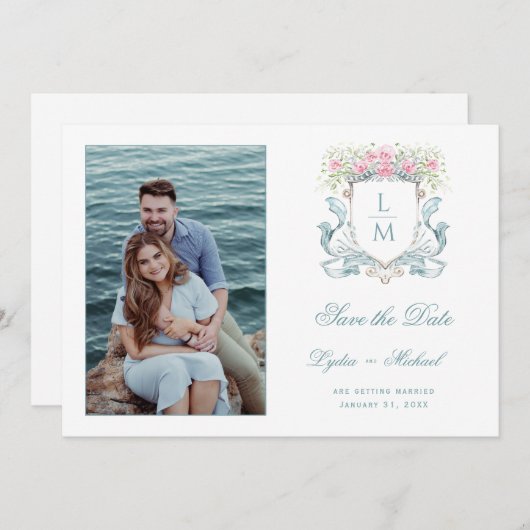 Elegante bruiloft Crest w / Rozen | Monogram Save The Date (Voorkant / Achterkant)