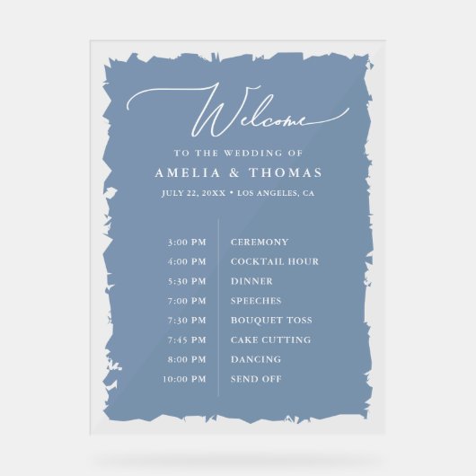 Elegante bruiloft Dusty Blue Welkom en Tijdlijn Acryl Bord (Voorkant)