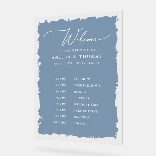 Elegante bruiloft Dusty Blue Welkom en Tijdlijn Acryl Bord (Hoek)