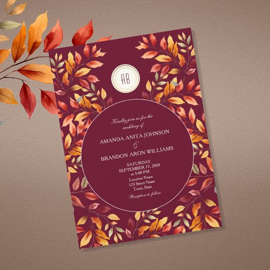 Elegante bruiloft in herfsttinten burgundy kaart