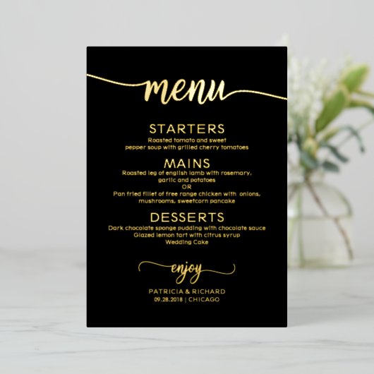 Elegante bruiloft menu's zwart goud folie uitnodiging (Staand Voorkant)