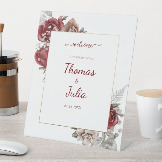 Elegante bruiloft met Bourgondische bloemen Welkom Reclamebord Met Voetstuk (Insitu)