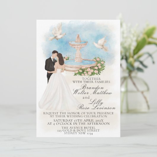 Elegante bruiloft met bruid en bruidegom Foutain Kaart (Staand voorkant)