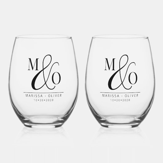 Elegante Bruiloft Monogram Drinkware Set Wijnglas Zonder Voet (Voorkant)