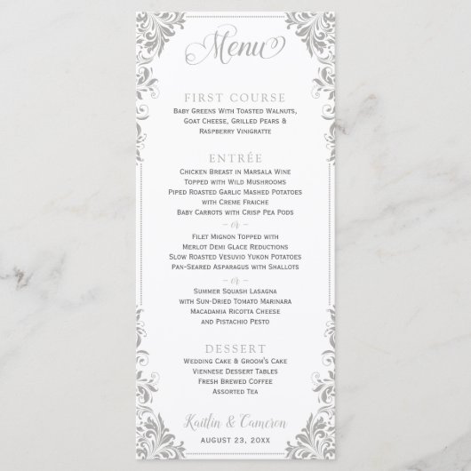 Elegante bruiloft of event menu's (grijs) (Voorkant)