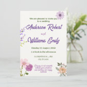 Elegante Bruiloft Paarse Roze Bloemen, Groene Blad Kaart (Staand voorkant)