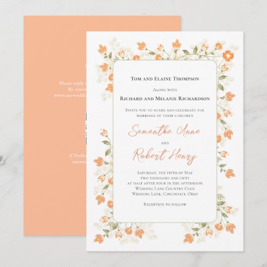 Elegante bruiloft perzik bloemengroen RSVP Kaart (Voorkant / Achterkant)