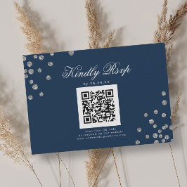 Elegante bruiloft QR RSVP Silver Confetti Navy