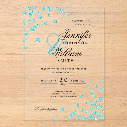 Elegante bruiloft Turquoise glitter Confetti thema Acryl Uitnodigingen (Voorkant)