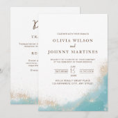 Elegante bruiloft uitnodiging blauw en goud bruilo (Voorkant / Achterkant)