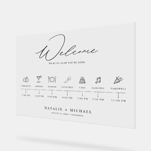 Elegante bruiloft welkom acryl teken met tijdlijn acryl bord (Hoek)