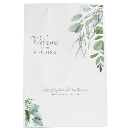Elegante Bruiloft Welkom Gift Foliage Gouden Tekst Medium Cadeauzakje (Voorkant)