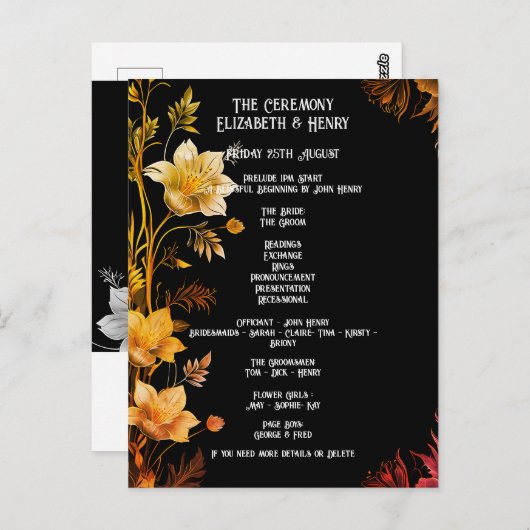 Elegante bruiloft zwart en goud bloemen uitnodigin briefkaart (Voorkant / Achterkant)