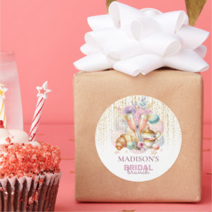 Elegante bruiloftbrunch met roze en goud glitters ronde sticker