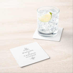 Elegante bruiloften bladeren namen & datum zwart w vierkante kartonnen onderzetter