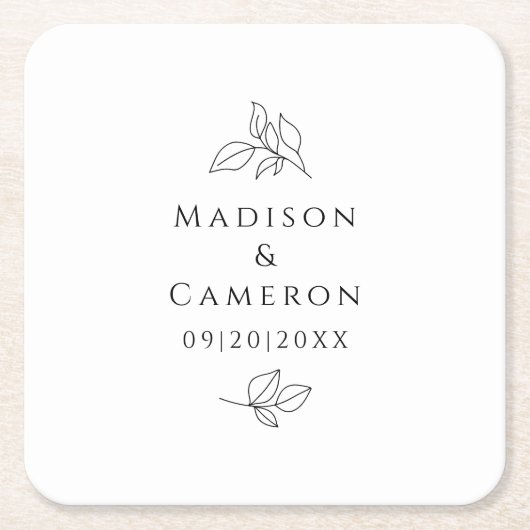 Elegante bruiloften bladeren namen & datum zwart w vierkante kartonnen onderzetter (Voorkant)