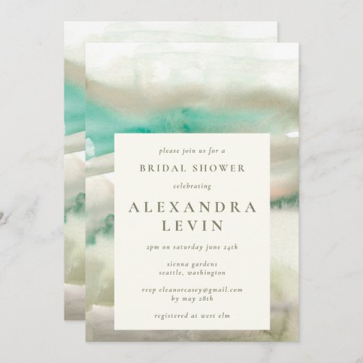 Elegante bruiloftsdouche in waterverf met smaragdg kaart (Voorkant / Achterkant)